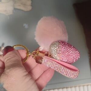 Pink and white heart with pom pom bag charm keychain
